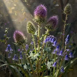 beautiful digital matter cinematic painting of whimsical botanical illustration of thistles and bluebells, whimsical scene bygreg rutkowki artstation