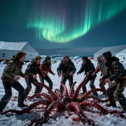 filmic extreme close up shot movie still 4 k uhd exterior shot 3 5 mm film color photograph of a terrifying group of ten people attacking each other with tentacles and blood running in terror around mcmurdo station in antartica at night with the northern lights lighting up the sky, in the style of the horror film the thing 1 9 8 2