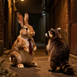 rabbit wearing a tie is talking to a well dressed raccoon in a dark alley, warm color palette, night time, dramatic lighting, noir film, character sheet, fine details, high contrast, blacksad, kim jung gi, greg rutkowski, trending on artstation, 8 k, front view, back view, ultra wide angle