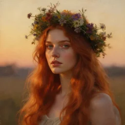 oil painting close up portrait of a beautiful young woman with long flowing straight red hair, wearing a crown of wildflowers!! at sunset, hazy, digital art, chiaroscuro, artstation, cinematic, golden hour, digital art painting by greg rutkowski, william - adolphe bouguereau, hazy atmosphere, cinematic lighting