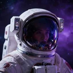 photorealistic scene of one cyberpunk astronaut helmet with light reflection looking at space with purple cosmos background, extremely close shot, 8k, cinematic, epic