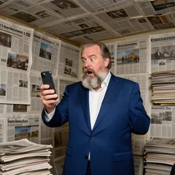 dslr photo still of infowars host alex jones in a blue suit fat grey beard and mustache in a!!! room filled to the ceiling with newspapers newspapers to the ceiling newspapers everywhere stacks of newspapers!!!!!! looking at an iphone in shock!!!, 5 2 mm f 1. 8