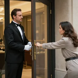 a uniformed doorman holding a door closed from inside while an affluent woman outside pulls fiercely at the handle