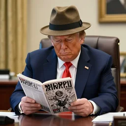 donald trump sitting in his office wearing a fedora reading manga artstation