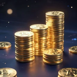 Stacks of glowing coins in cyberspace, digital illustration by Adam S Doyle