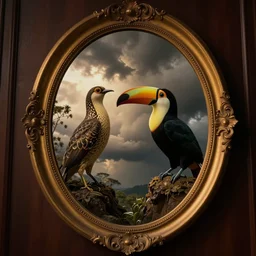oval mirror of kalandra and toucan with reflection, cinematic, filmic, wildlife photography, ray tracing reflections, insanely detailed and intricate, hypermaximalist, elegant, ornate, hyper realistic, super detailed, golden hour, stormy weather, ominous, dark room