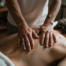 close up of an osteopath massaging the back of a lying patient, photograph