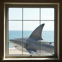 a mullioned window through which you can see the sea with big shark fins