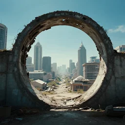 circular derelict portal in a middle of a futuristic cityscape, world seen only through a portal, daylight, cinematic perspective, cinematic lighting, blue sky, syd mead, john harris