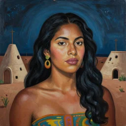 portrait of a dark-skinned beautiful woman under the night sky, earthship, diego Rivera painting