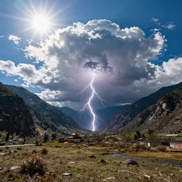 a beautiful ancestral highland valley with a big blue sky, bright sun, clouds and a single bolt of lightning, holy and sacred, ground perspective;  detailed, best on artstation, raymond swanland, bayard wu, cosmic, epic, stunning, masterpiece