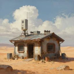 a beautiful painting of a small dystopian sci - fi safehouse in a salty desert landscape, transmitters on roof, electrical appendages, rusty metal, cinematic, concept art, cumulus clouds, greg rutkowski, marc simonetti, sergey vasnev, artstation, 8 k, high resolution