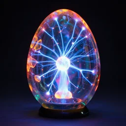portrait of a plasma energy tron murano candy glass egg design. made up of glowing electric polygons. photo by annie liebowitz