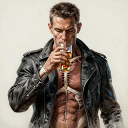 painting of a mad max abstaining from alcohol, anatomy visible, clear - lines, grim - lighting, high - contrast, intricate, elegant, highly detailed, centered, digital painting, artstation, concept art, smooth, sharp focus, illustration, artgerm, tomasz alen kopera, peter mohrbacher, donato giancola, joseph christian leyendecker, wlop, boris vallejo