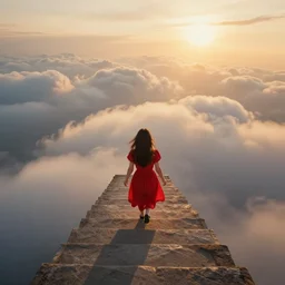a girl in a red dress climbing'' infinite stairs to heaven'' top view, sunset light, cinematic image, hyperrealistic, low iso, 4 k