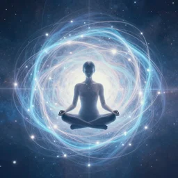 a mind sitting in the center of the multi dimensional latent space conceptualizing our collectively designed divine imaginations