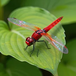 a hyperrealistic cyborg red dragonfly with glowing neon electronics rests on a hosta leaf, UHD, 8K HDR, boken, dof, nature photograph