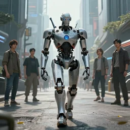 a portrait of a robot in the middle foreground walking in the street of a sci-fi city by Greg Rutkowski, Sung Choi, Mitchell Mohrhauser, Maciej Kuciara, Johnson Ting, Maxim Verehin, Peter Konig, final fantasy , mythical, 8k photorealistic, cinematic lighting, HD, high details, atmospheric,