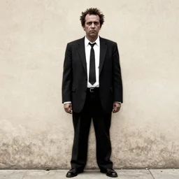 homeless man in business suit, by banksy