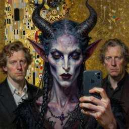 goetic demon taking a selfie | highly detailed oil painting, hyperrealistic, very intrincate, detailes face | cinematic lighting, award - winning | by roberto ferri, gustav klimt, william waterhouse and tom bagshaw | by austin osman spare and william blake, trending on artstation, cgsociety, official art, octane.
