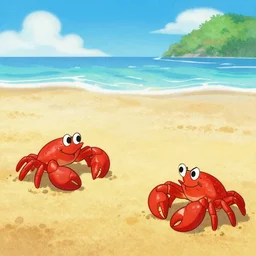 a beautiful painting of three red hermit crab on sandy beach, cartoon