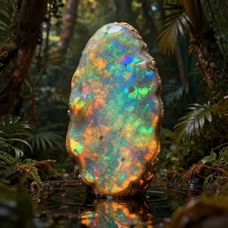 iridescent opal monolith made of opal, moody, warm tones, water reflection, opalescent lush tropical forest : : dan mcpharlin, daniel merrian : : ornate, dynamic, particulate, rich colors, intricate, elegant, highly detailed, centered, artstation, smooth, sharp focus, octane render, d