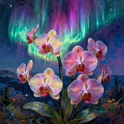 cosmic exotic orchids. aurora borealis. iridescent, vivid psychedelic colors. painting by bosch, agnes pelton, utamaro, monet