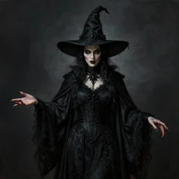 a beautiful immaculate majestic h-res painting of an evil witch wearing black robes by Franz Xaver Winterhalter high detail, award winning hyperrealistic, photorealistic, octante render, elegant, cinematic, high textures, hyper sharp, 8k, insanely detailed and intricate, graphic design, cinematic atmosphere, hypermaximalist, hyper realistic, super detailed, 4k HDR hyper realistic high quality
