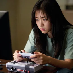a still of HoYeon Jung playing with a NES controller, in the movie Minority Report (2002), highly detailed and intricate, cinematic lighting, 4k HDR