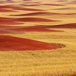 A realistic landscape of an unknown realistic world of red hills and yellow corn field, it seems infinite.