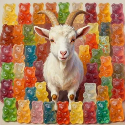 highly detailed digital painting of a goat surrounding by all the known species of gummi bears, in the style of francesco clemente, by jesus christ, by a 3 rd grade substitute teacher, by ryoji ikeda, by kyle from mtv, by daniel radcliffe, by david lynch