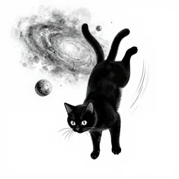 black cat is fallling in space. the galaxy in the background, sketch for a tattoo