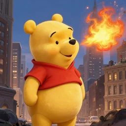 winnie the pooh breathes fire down on manhattan, destroying the city