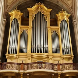 distant photo of : the world ’ s largest pipe - organ, inside an elaborate cathedral in golden sunlight. the pipe - organ is ornate and complex with dozens of pipes of various thicknesses bending around stained - glass windows, carvings, oil paintings, and statues. the pews and people look very small. professional architectural photography with many small details ; heavenly, majestic ; glorious ; beautiful.