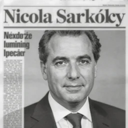 identikit picture of nicolas sarkozy in the newspaper, low detail, low face b & w