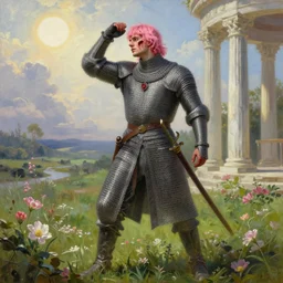 medieval noble male in chain mail with pink hair and pink bang full body view, dramatic pose, blood on his face, photorealistic oil painting, sun in the sky, bloom, green grassy land and white marble columns in the background