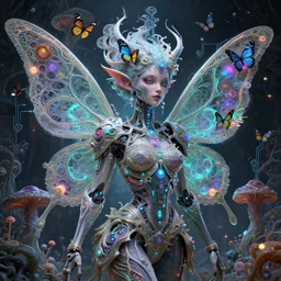 cybernetic pixie queen with neon accents in her 3 d bioluminescent radically alive world of fungal fractals and butterflies, circuitry and electricity, intricate mycelial lace, fractalpunk, rococo, ultra detailed, intricate details, ornate, hyperrealistic, octane render, inspired by ross tran & brian froud & james jean & android jones & william morris & ernst haeckel & alphonse mucha