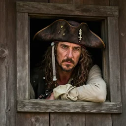 concerned russell crowe with pirate hat peering out from a small window, wooden wall