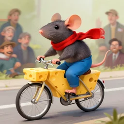 digital painting of a cartoonish rat wearing red scarf and blue pants, it's riding a bike, the bike is made of yellow swiss cheese, fine details by stanley artgerm lau, wlop, rossdraws, james jean, andrei riabovitchev, marc simonetti, and sakimichan, trending on artstation