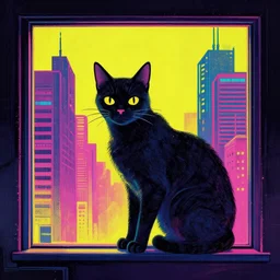 cybercat in window | cyberpunk cityscape, illustrated by james warhola and greg rutkowski