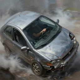 masterful fantastic realist painting of metal twisting car, the windshield closing in, spin and spin, weird perspective, spinning thrashing car wreck, car interior, gripping the wheel, digital painting trending on artstation, volumetric lighting and mist, hyperrealistic, octane render