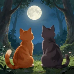 Firestar and Ravenpaw sitting next to each other looking into the Moon, Warrior cats, Back side view, Erin Hunter, wholesome, high detail, forest scenery, Moon view, illustration of 2 cats, trending on artstation, beautiful Paintings