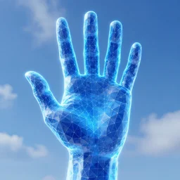 Polygonal Gridded 3D rendered Human Hand completely made out of blue cloudy glowing blue sky