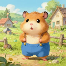 a detailed painting of an anthropomorphic hamster kid wearing shorts and suspenders in a rural village, cute, colourful, detailed, high quality, pastel colours, 4 k, by studio disney and studio ghibli and sendak and richard scarry
