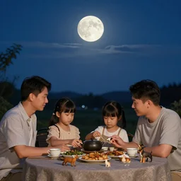 a young asian family sitting at outdoor table, tea and food on the table, animal figurine placing around family, clear sky at night with a few clouds, full moon brightening by leyendecker and dean cornwell