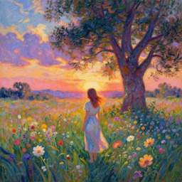 girl of flowers, standing in a flower field, big trees, sunrise dramatic light, impressionist painting, colorful clouds, digital painting, pointillism, artstation, simon stalenhag