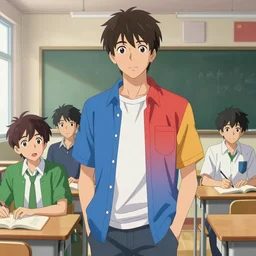 high school classroom scene spring setting, expert high detail concept art, perfect proportions define face, tall handsome guys, bold colors, colorful, sharp focus, realistic shaded lighting artistic, ilya kuvshinov, katsuhiro, jeremy lipkin, makoto shinkai, loish and clamp style, expert artist