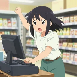 anime visual of a teenage woman in a grocery store operating the cash register, cute face by ilya kuvshinov, makoto shinkai, kyoani, masakazu katsura, dynamic pose, crisp and sharp, yoshinari yoh, rounded eyes, anime poster, flat, cel shaded