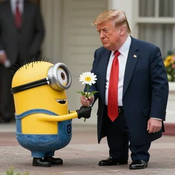 minion giving flower to donald trump in the style of Marc Riboud The Flower and the Bayonet