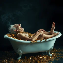 a side view of a greedy old man laughing hysterically who is covered in gold coins and laying in a white porcelain antique clawfoot bathtub that is filled and overflowing with gold coins. very dark room, cinematic, smoke, dark, moody, smokey lighting, dimly lit, painterly style